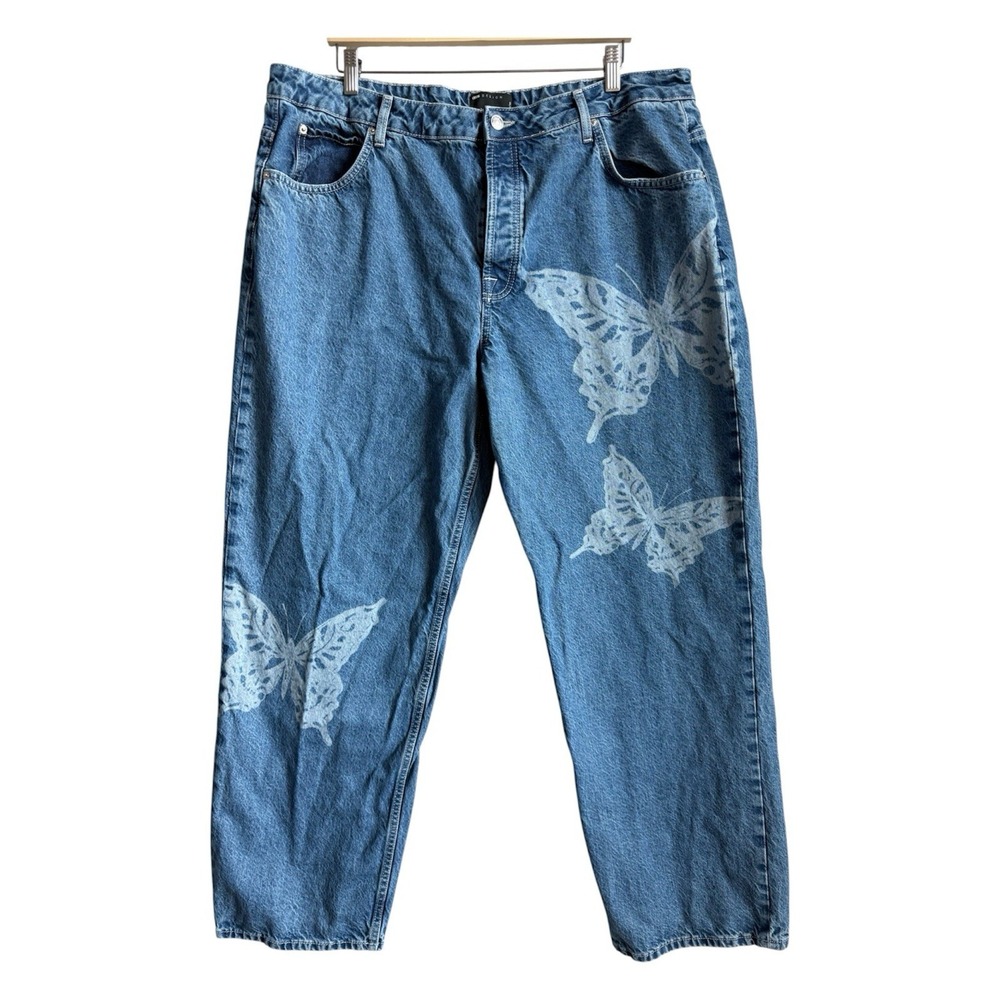 ASOS‎ DESIGN Baggy High Rise Wide-Leg Blue Denim Butterfly Print Jeans 36/32 Y2K